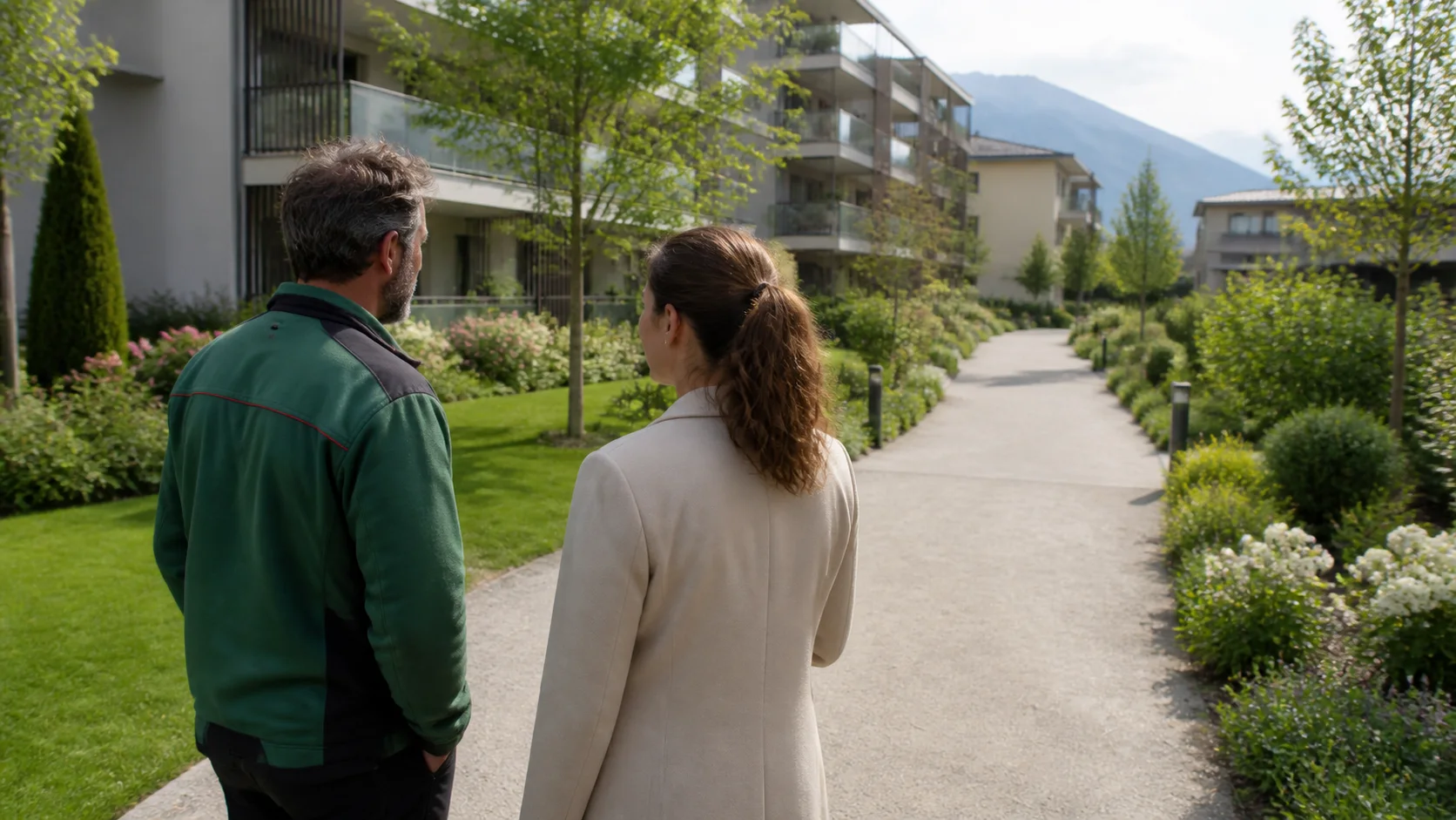 Paysagiste examinant l’accès à un jardin commun par une allée dégagée près d’un immeuble