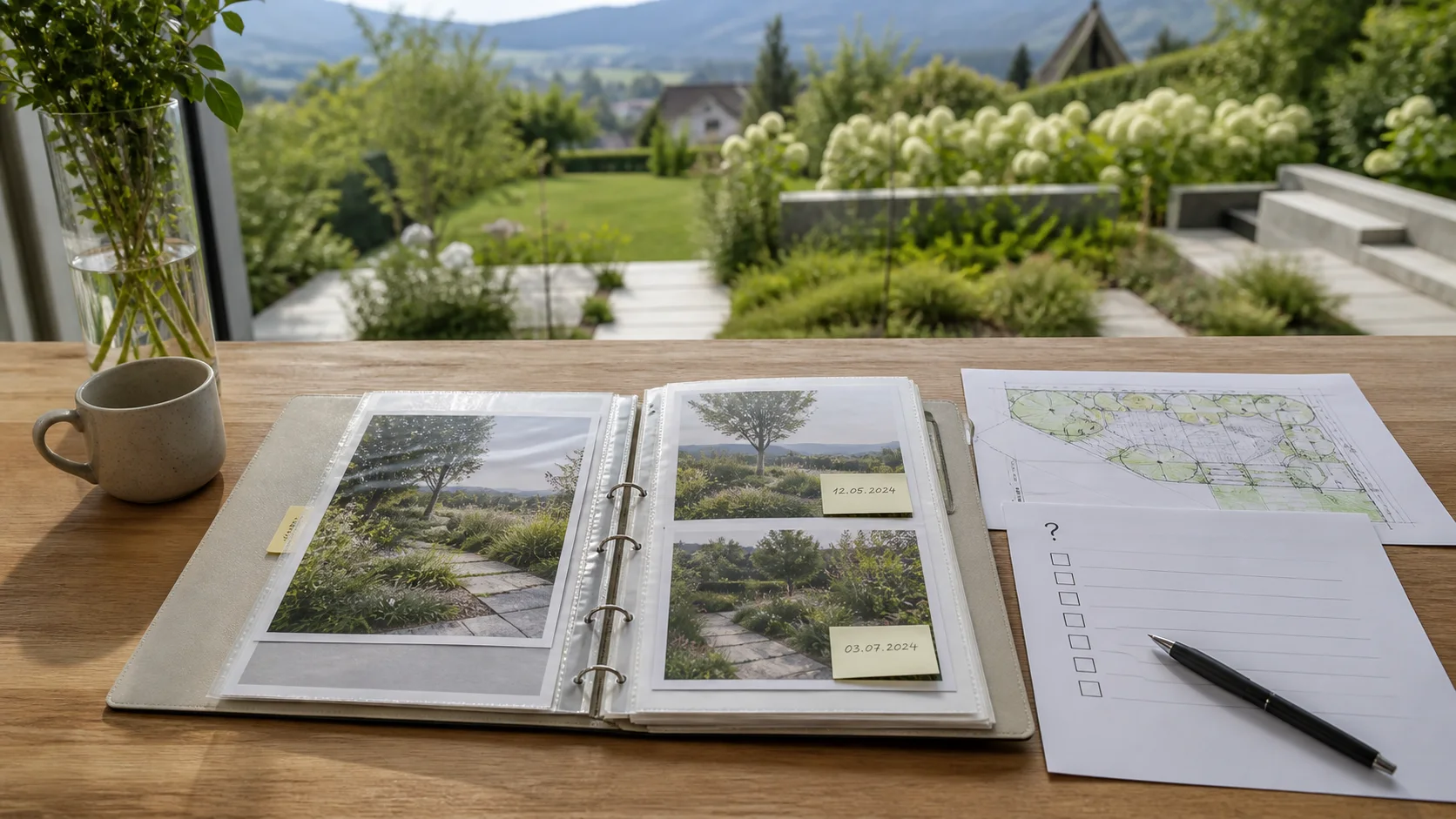 Dossier partagé avec photos datées, plan de zones et liste de questions pour un jardin collectif