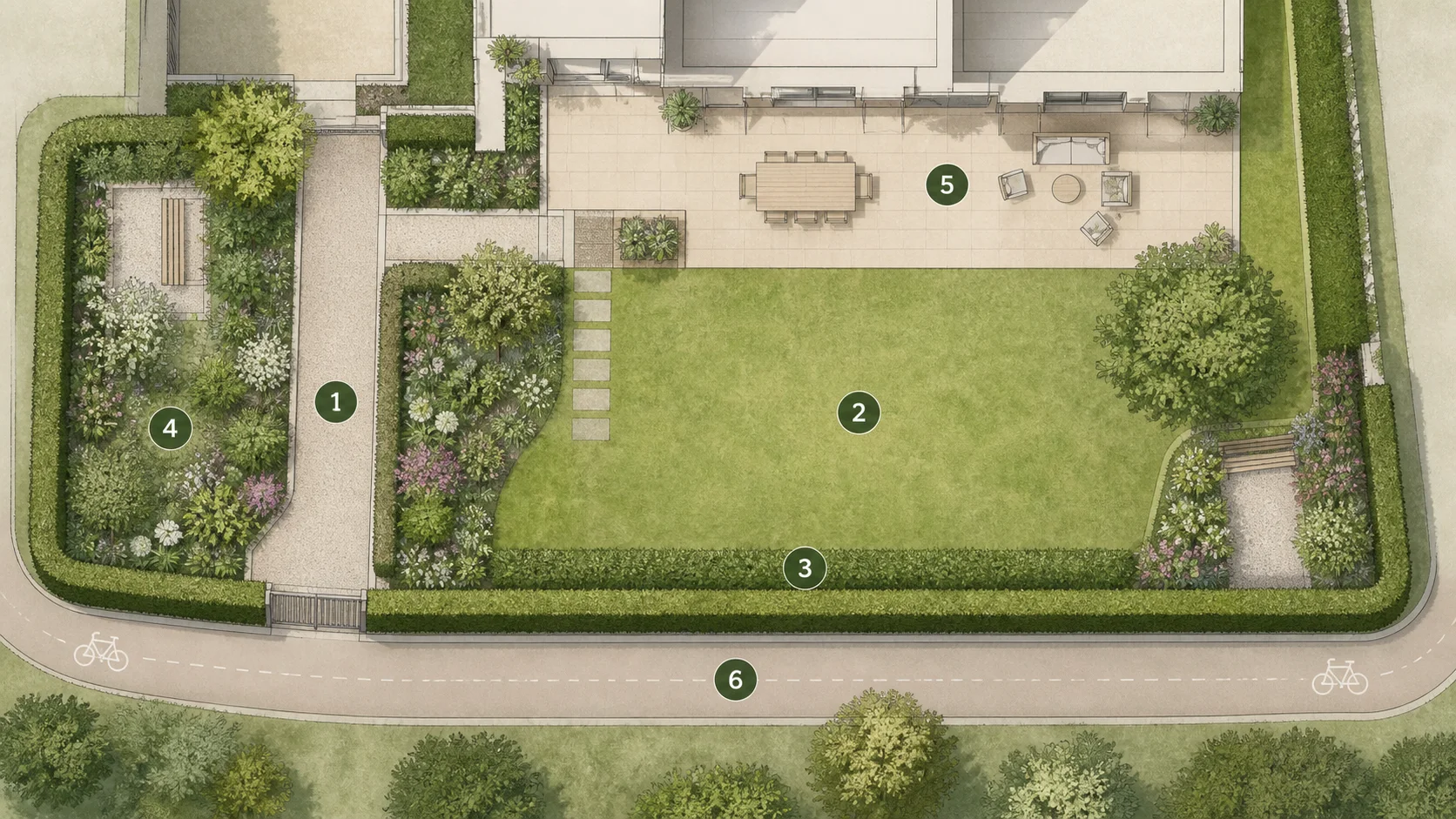 Plan simple d’un jardin de copropriété avec zones d’accès, pelouse, haie et espace commun numérotés