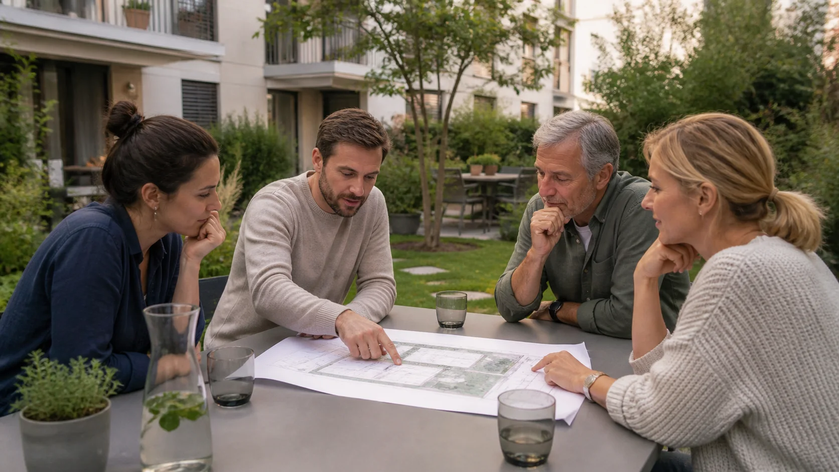 Copropriétaires réunis autour d’un plan de jardin commun pour classer les priorités avant un devis