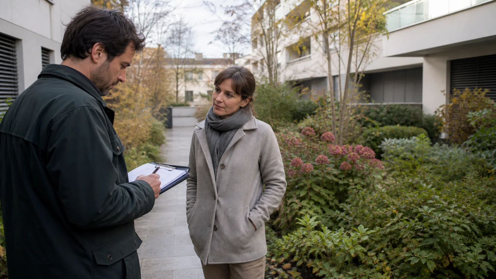 Paysagiste et représentante de régie prenant des notes lors d’une visite préalable dans un jardin d’immeuble