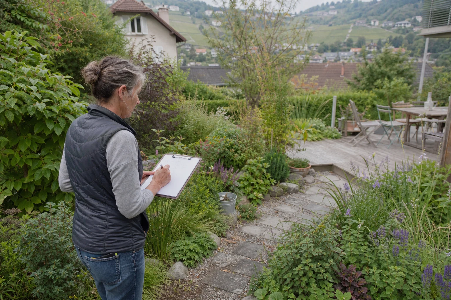 Propriétaire notant les accès et les zones à conserver dans un jardin végétalisé