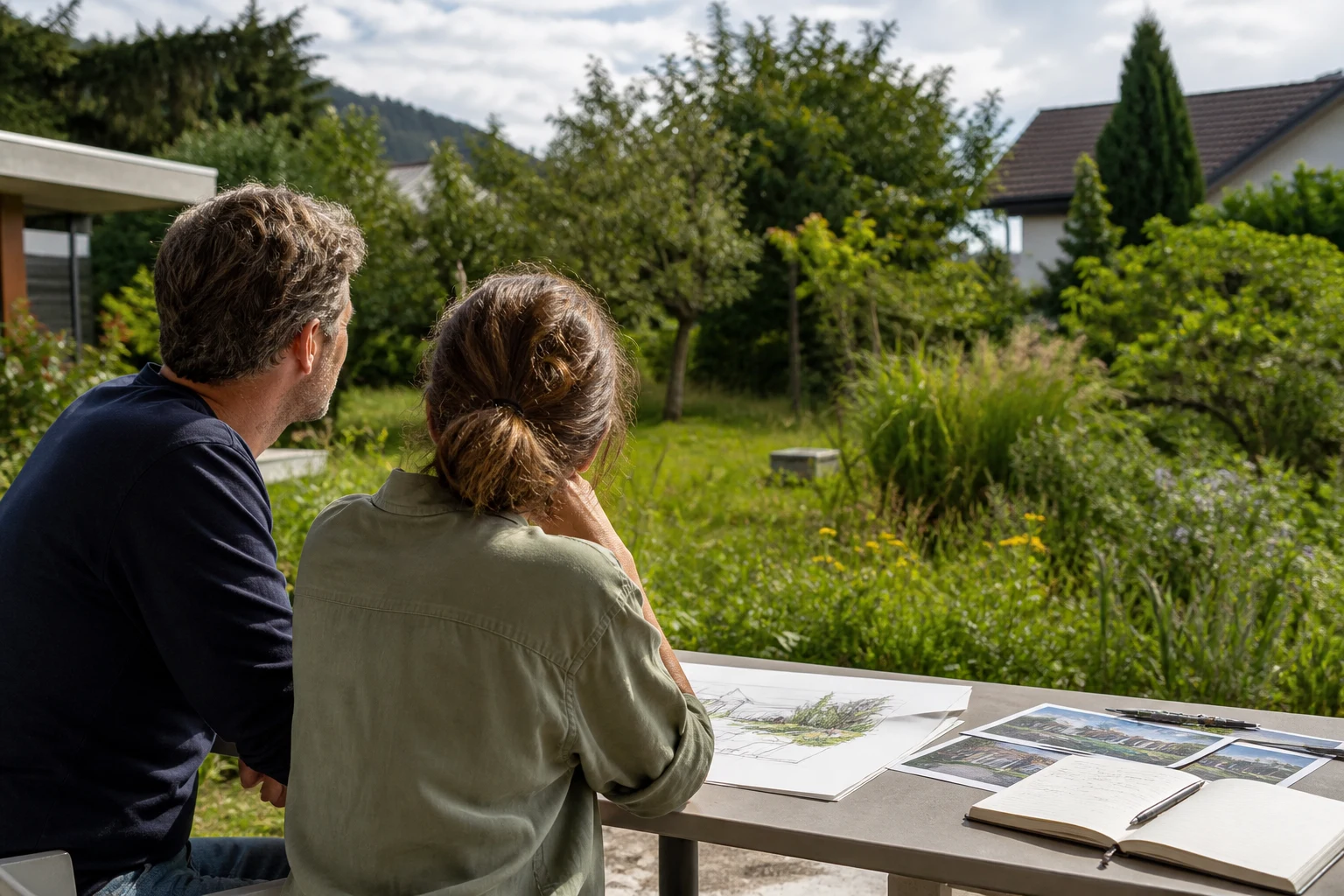 Couple réunissant photos, plan simple et notes avant une demande de devis jardin