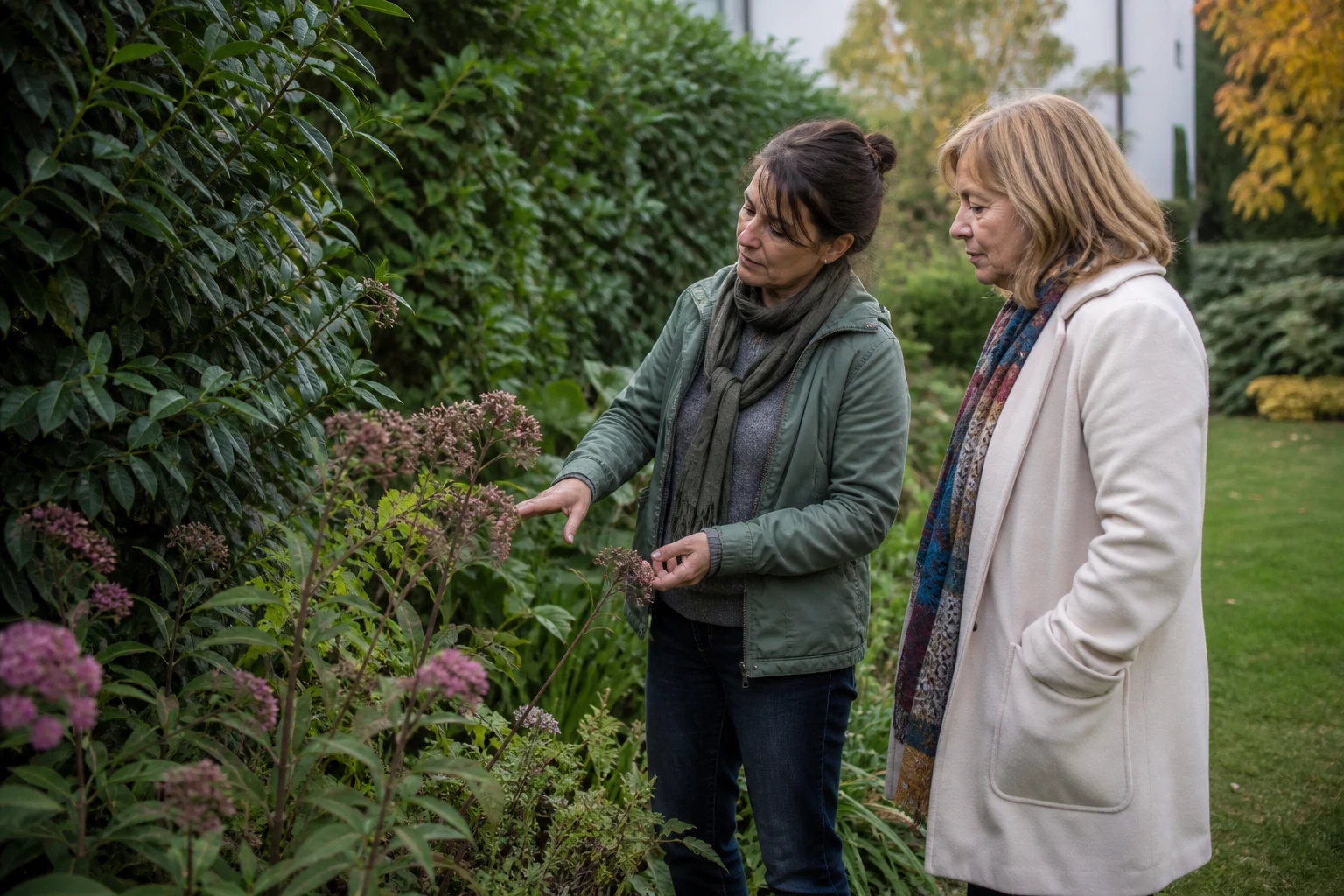 Jardinière examinant des plantes et une haie depuis le sol avec une propriétaire