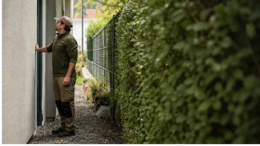 Une jardinière examine l’accès latéral et les contraintes de passage d’un jardin de ville