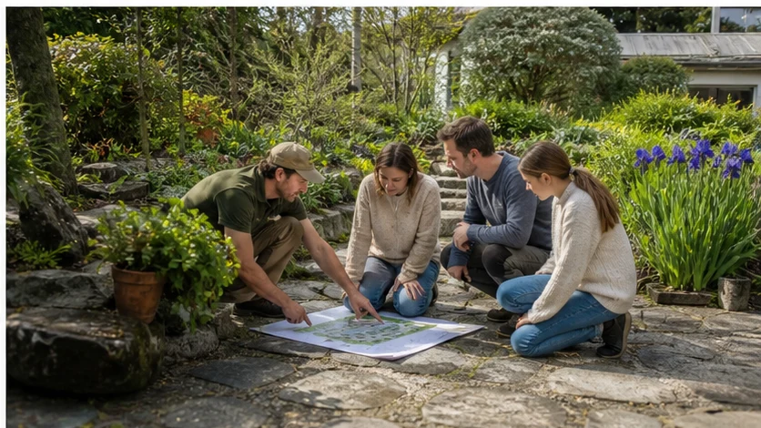 Une vue d’ensemble d’un jardin existant où une famille et une paysagiste échangent sur les prochaines étapes