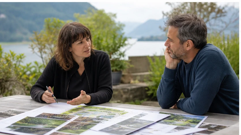 Une paysagiste présente des options de priorités à une propriétaire dans un jardin existant