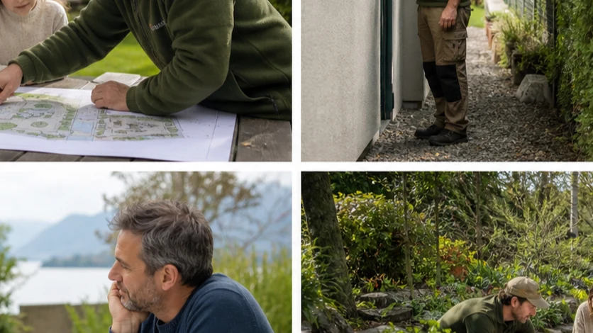 Une famille observe les différentes zones d’un jardin et place des repères sur un plan simple