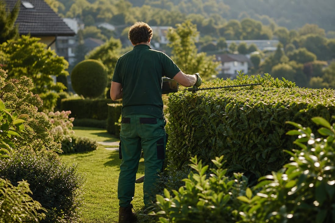 Exemple : jardinier taillant des arbustes lors d'un entretien