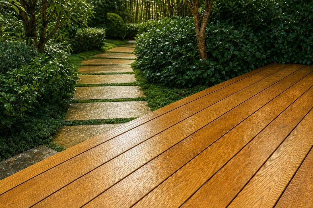 Exemple : terrasse en bois et allée de jardin entretenues