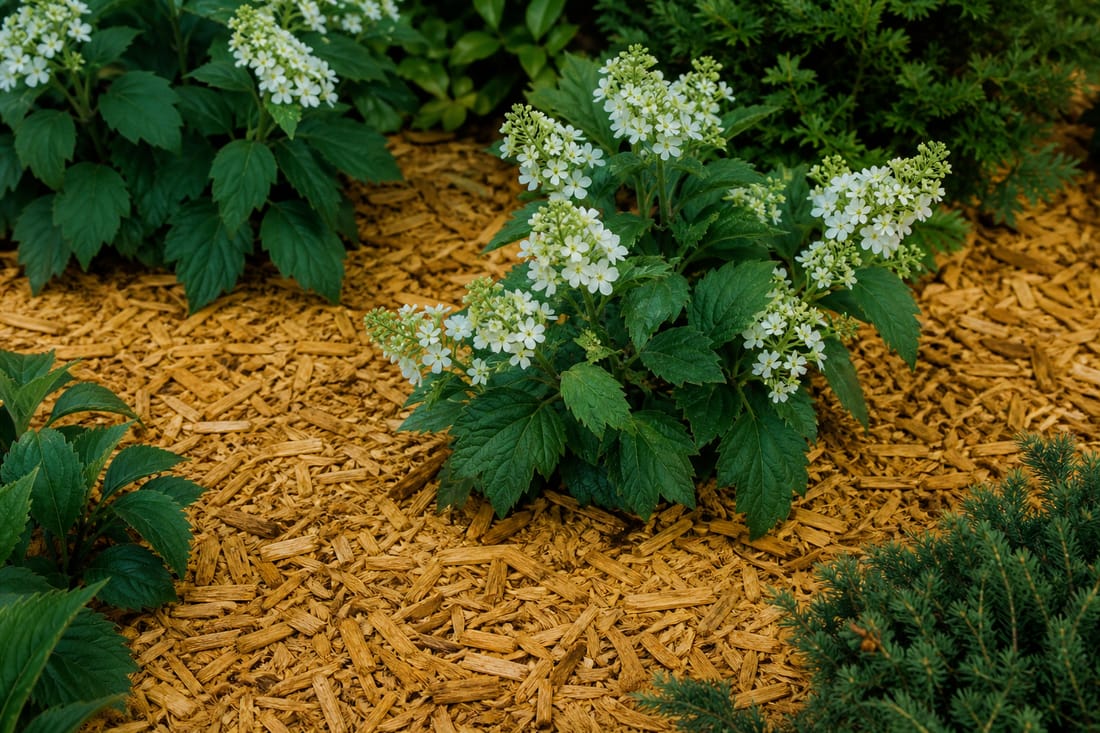 Exemple : paillage de copeaux autour de plants en massif